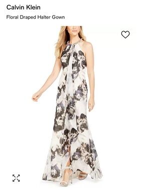 Calvin Klein One-Shoulder Floral Chiffon Gown - White & Gray